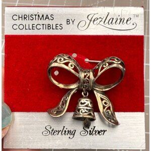 Vintage Jezlaine Sterling Silver Christmas Bow & Jingle Bell Brooch 1 1/4"  Orig